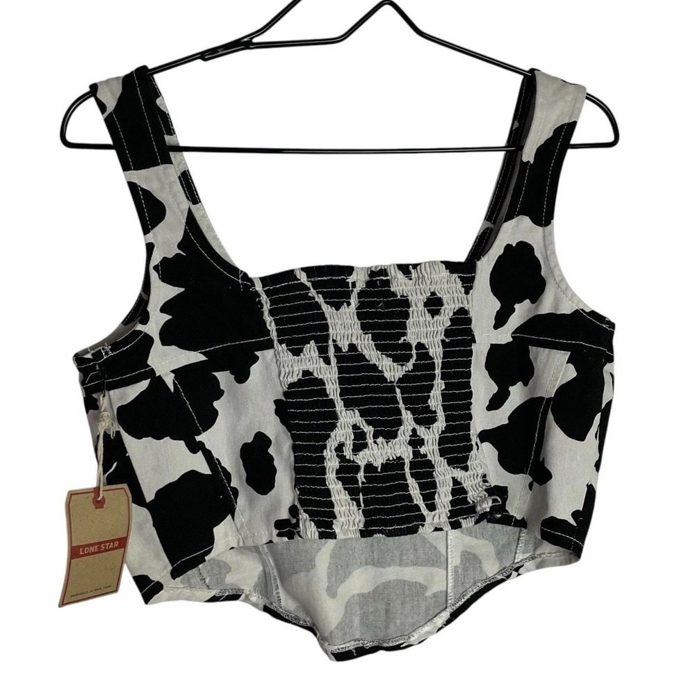 NWT Lone Star Womens Cow Print Cropped Bustier Top Sz L Smocked Western Festival - Picture 3 of 9